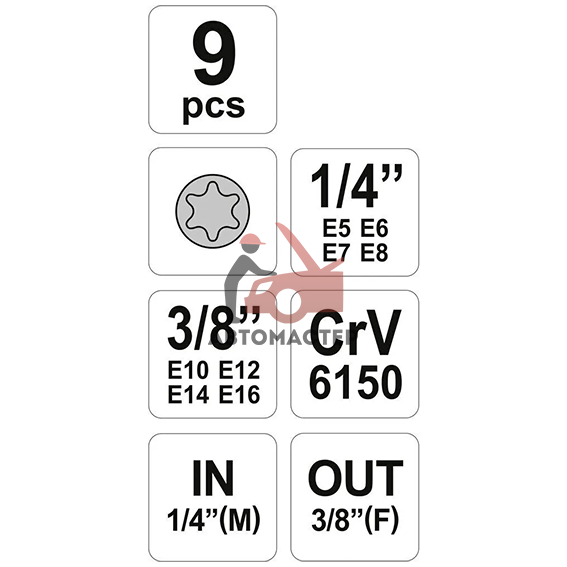 Набор головок "Е" 1/4*3/8 YATO Е5-Е16 9пр