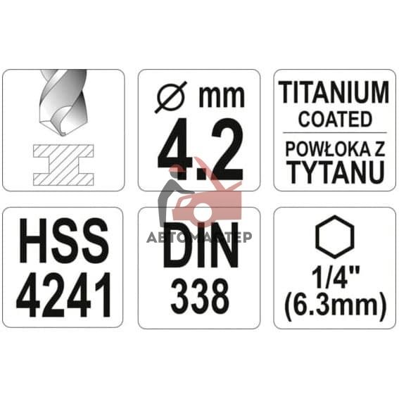 Сверло YATO HSS-TiN 4.2мм с хвостовиком HEX1/4