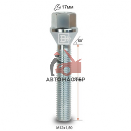 Болт 12*1,50*60 конус, цинк 17мм (075235)