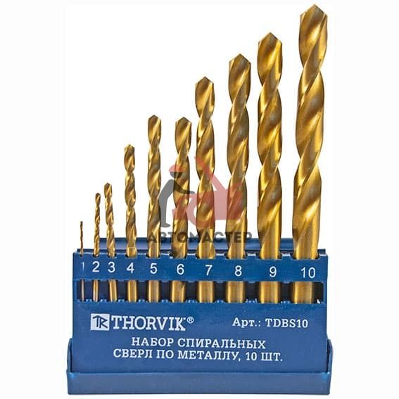 Набор сверл по металлу THORVIK, HSS TiN в пластиковом кейсе, 10пр D 1-10мм