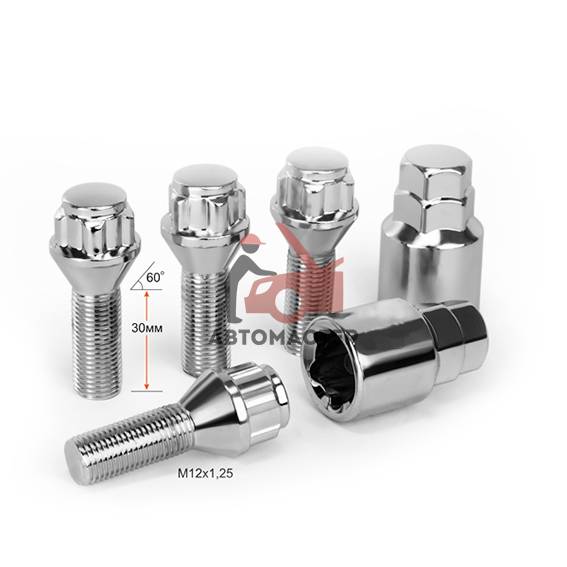 Болты секретные М12*1,25*30 конус, хром,  2 ключа