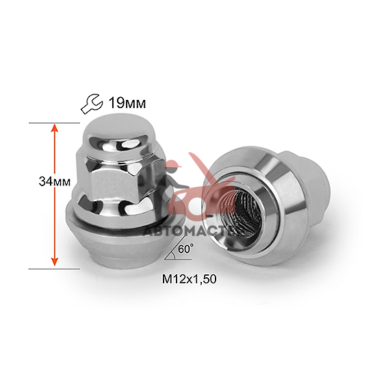 Гайка 12*1,50*34 хром вращ. конус с выступ. ключ 19мм FORD