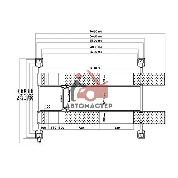 Подъемник 4-х стоечный электрогидр. 380V, СТАНКОИМПОРТ 5,5 т. под сход-развал